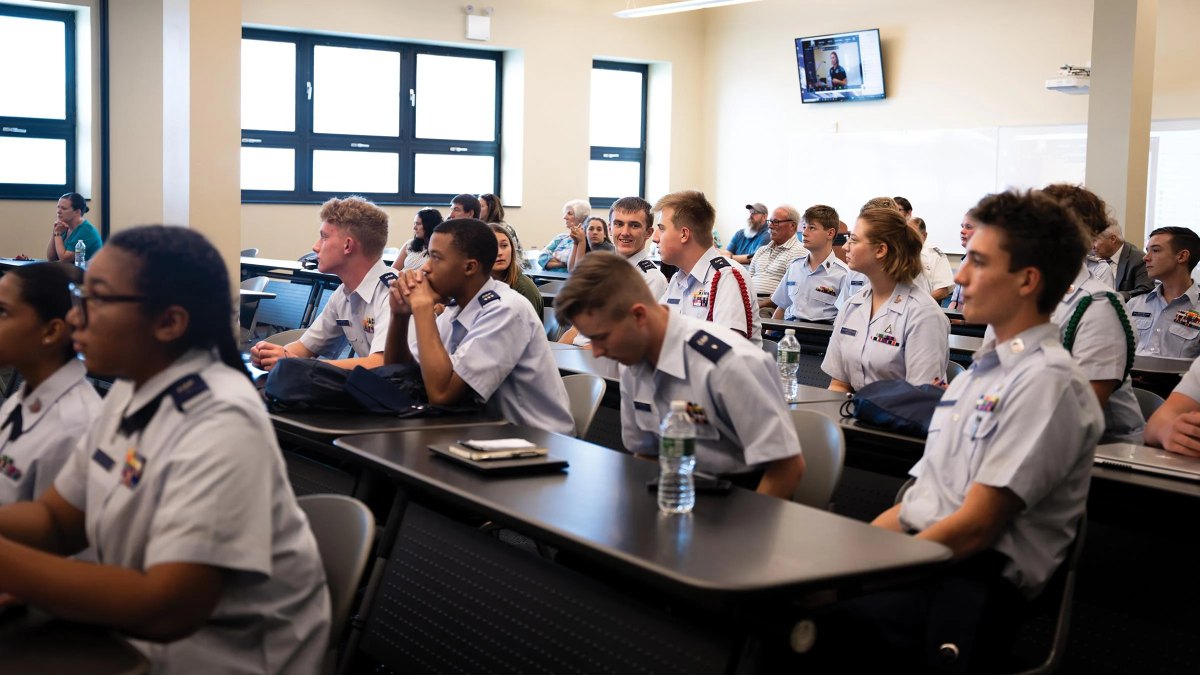 Civil Air Patrol cadets seated in a classroom during a briefing