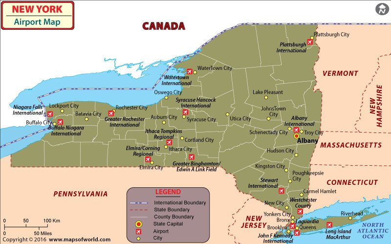 Map of New York State showing airport locations, including Greater Binghamton, Ithaca Tompkins, and Elmira/Corning in the Southern Tier